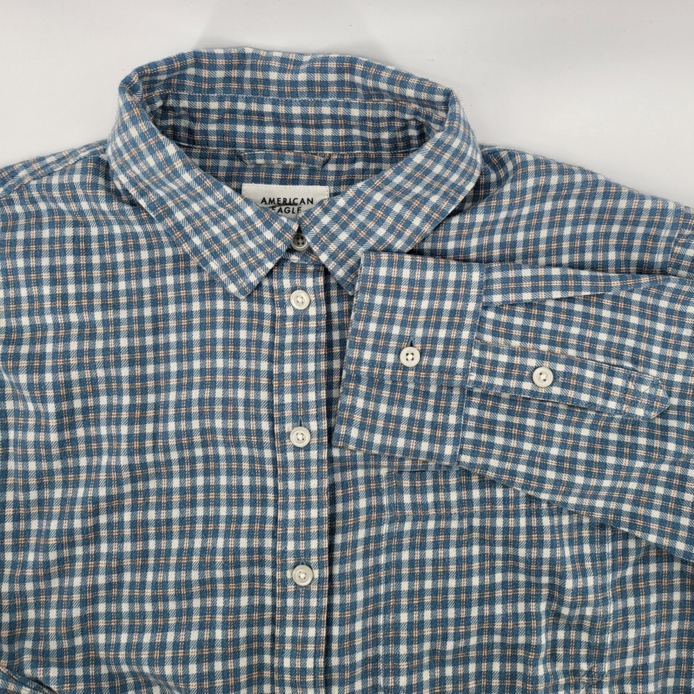 American Eagle Mens small Plaid Flannel Button Down Shirt Long Sleeve Blue White